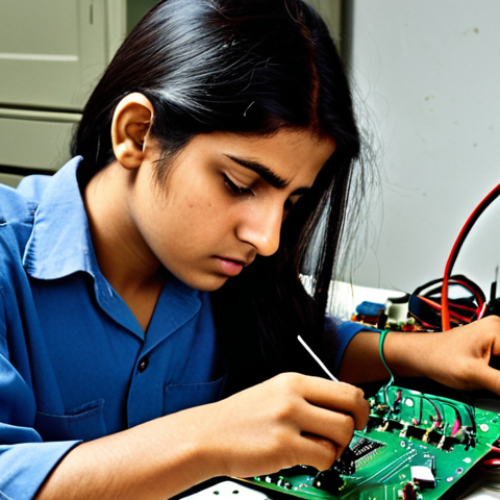 Home 11 **Prompt:** A focused young Pakistani individual (male or female) deeply engrossed in a hands-on electronics project in a well-equipped, slightly cluttered workshop. They are actively soldering components onto a circuit board, with a multimeter and oscilloscope visible on the workbench. The scene emphasizes the bridge between theoretical knowledge and practical application, showcasing meticulous work, concentration, and the tangible aspects of learning electronics. Realistic lighting, detailed tools, and components.