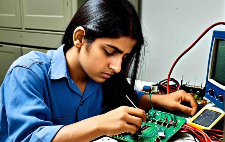 **Prompt:** A focused young Pakistani individual (male or female) deeply engrossed in a hands-on electronics project in a well-equipped, slightly cluttered workshop. They are actively soldering components onto a circuit board, with a multimeter and oscilloscope visible on the workbench. The scene emphasizes the bridge between theoretical knowledge and practical application, showcasing meticulous work, concentration, and the tangible aspects of learning electronics. Realistic lighting, detailed tools, and components.