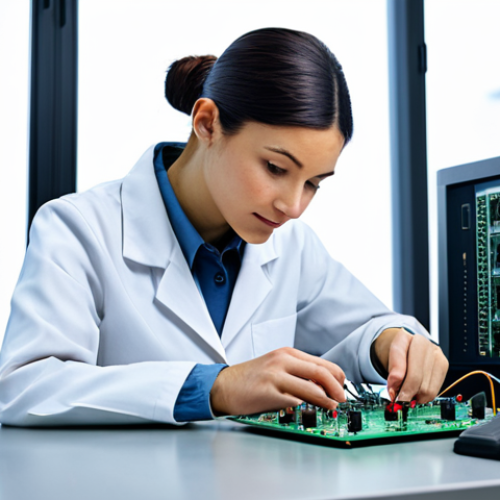 Home 6 **
"A fully clothed, professional female engineer in a clean, modern electronics lab, working on a circuit board, surrounded by equipment, natural lighting, perfect anatomy, correct proportions, well-formed hands, modest attire, safe for work, appropriate content, family-friendly."
**