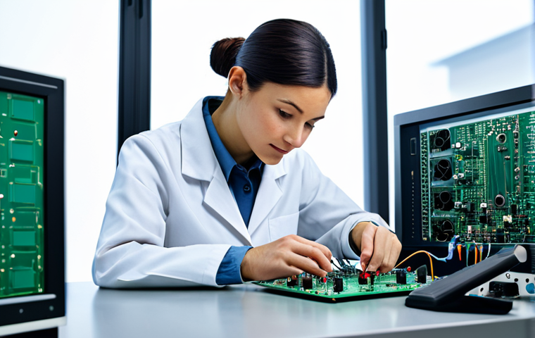 **

"A fully clothed, professional female engineer in a clean, modern electronics lab, working on a circuit board, surrounded by equipment, natural lighting, perfect anatomy, correct proportions, well-formed hands, modest attire, safe for work, appropriate content, family-friendly."

**