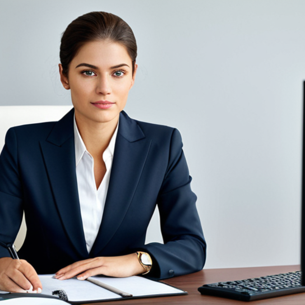 전자기기 전문가 업무 일지 작성법 - **Professional Businesswoman:** "A professional businesswoman in a modest business suit, sitting at ...