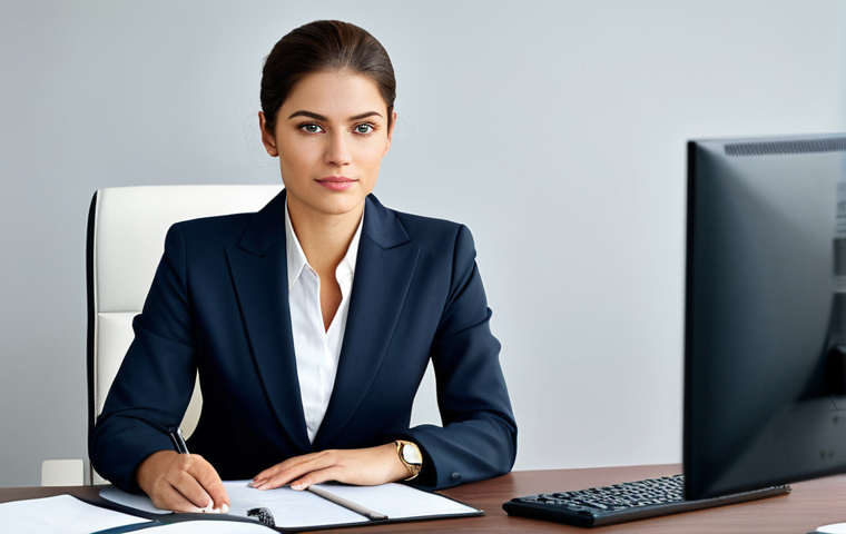 전자기기 전문가 업무 일지 작성법 - **Professional Businesswoman:** "A professional businesswoman in a modest business suit, sitting at ...