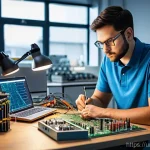 전자기기 관련 면접 질문과 답변 - **A Focused Electronics Engineer in a Modern Lab:** A detailed, realistic image of an electronics en...