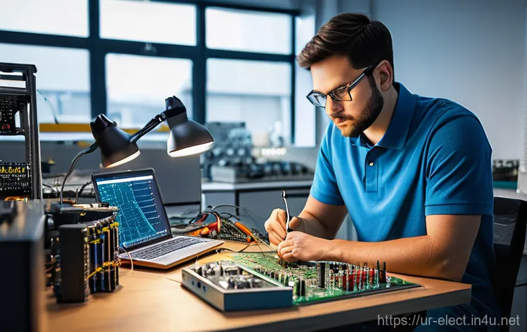 전자기기 관련 면접 질문과 답변 - **A Focused Electronics Engineer in a Modern Lab:** A detailed, realistic image of an electronics en...