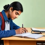 전자기기 실기 시험 주의사항 - A detailed scene of a young South Asian student in a well-lit, organized study room preparing for an...