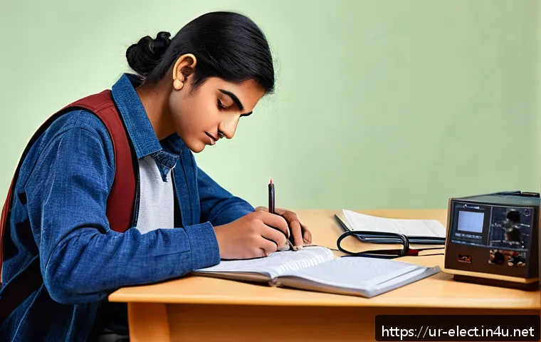 전자기기 실기 시험 주의사항 - A detailed scene of a young South Asian student in a well-lit, organized study room preparing for an...